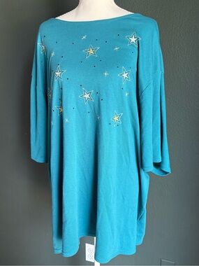 Vintage C.S.T Sport Blue Embroidered Star Oversized Knit Top 4X